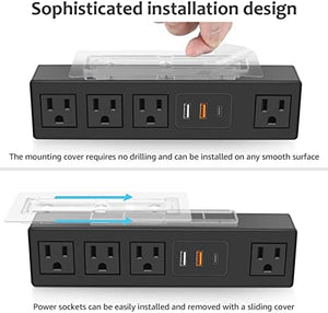 HHSOET Under Desk Power Strip with 3M Adhesive, Removable Under Desktop Mount Plug with Fast Charging USB C and USB A Ports, 4 Outlet Under Table Surge Protector 1200J, 6FT Extension Cord. (Black)|B0B4NHP3YG