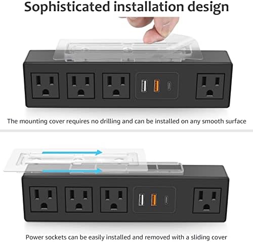 HHSOET Under Desk Power Strip with 3M Adhesive, Removable Under Desktop Mount Plug with Fast Charging USB C and USB A Ports, 4 Outlet Under Table Surge Protector 1200J, 6FT Extension Cord. (Black)|B0B4NHP3YG