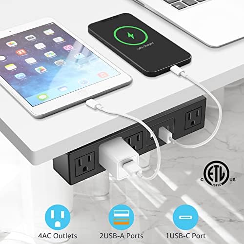 HHSOET Under Desk Power Strip with 3M Adhesive, Removable Under Desktop Mount Plug with Fast Charging USB C and USB A Ports, 4 Outlet Under Table Surge Protector 1200J, 6FT Extension Cord. (Black)|B0B4NHP3YG