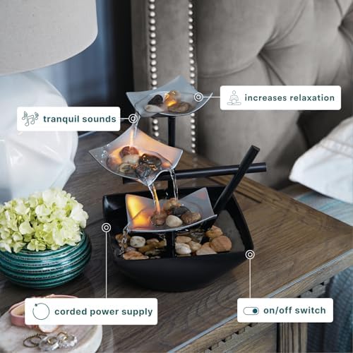 Homedics Tabletop Water Fountain, Home Décor Soothing Sound Machine - Automatic Pump, Deep Basin & Natural River Rocks. Indoor Zen Relaxation for Office, Living Room, or Bedroom, 8.25” Tall|B000QTUJXS