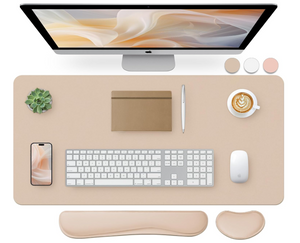 Bloss Leather Desk Pad and Keyboard Wrist Rest, Large Mouse Pad + Keyboard Pad+Mouse Wrist Support, Non-Slip Desk Mat Protector for Office, Home(31.5×15.7 Inches,Beige)
