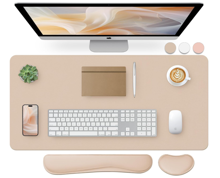 Bloss Leather Desk Pad and Keyboard Wrist Rest, Large Mouse Pad + Keyboard Pad+Mouse Wrist Support, Non-Slip Desk Mat Protector for Office, Home(31.5×15.7 Inches,Beige)