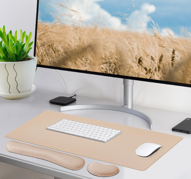 Bloss Leather Desk Pad and Keyboard Wrist Rest, Large Mouse Pad + Keyboard Pad+Mouse Wrist Support, Non-Slip Desk Mat Protector for Office, Home(31.5×15.7 Inches,Beige)